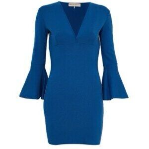 Emilio Pucci Cobalt Blue V-Neck Wool Blend Dress Flared Bell Sleeves